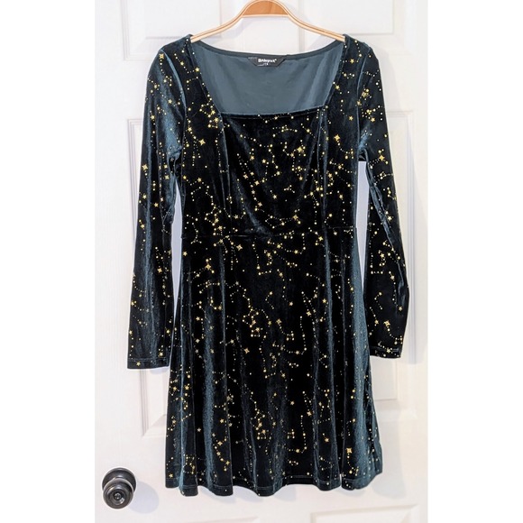 Allegra K Velvet Dress Small Green Gold Stars Square Neck‎ Long Sleeve Mini NWT - Picture 3 of 10